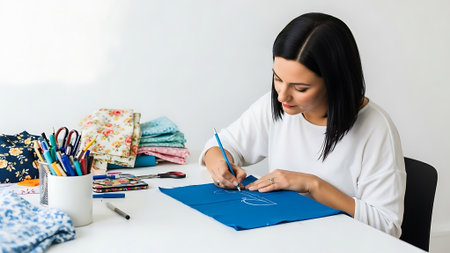 Woman creating art on fabric with pencils.の素材