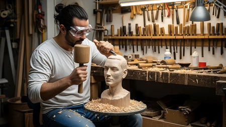 Man carving wooden sculpture in workshop.の素材