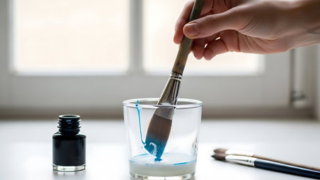 Hand holding paintbrush dipping into glass with blue paint and water.の素材