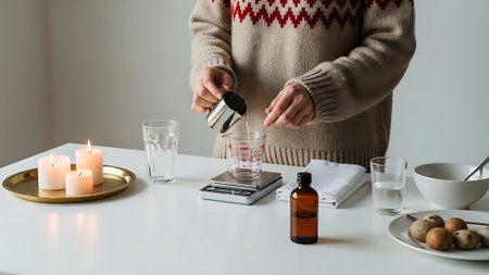 A person in a beige sweater prepares a drink at a white table with various items.の素材