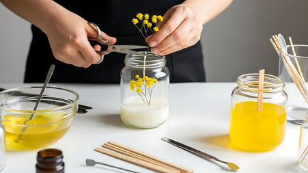 Candle making process with flowers and wax on a white table.の素材