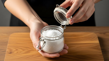 A person opens a jar of white crystals on a wooden board.の素材