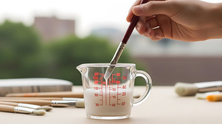 Hand holding a paintbrush mixes paint in a measuring cup with art supplies on a table.の素材