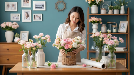 A woman in a white shirt and apron carefully arranging flowers in a wicker basket.の素材
