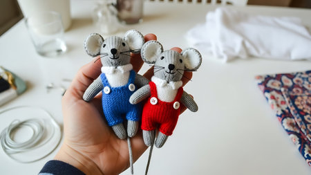 Hand holding two small knitted mouse toys.の素材