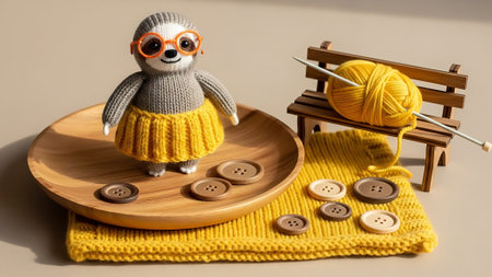 A knitted sloth toy with orange glasses on a wooden plate with buttons and a yellow blanket.の素材