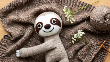 A knitted sloth toy on a brown scarf with flowers and yarn.の素材