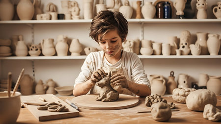Boy making clay sculpture.の素材