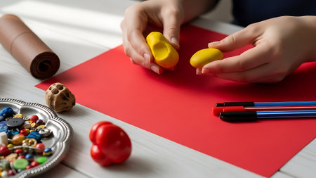A child's hands engage in creative play with modeling clay and beads on a table.の素材