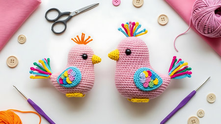 Crocheted birds with colorful details and accessories for a crafting project.の素材