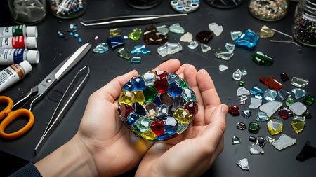 Hands holding a mosaic art piece with various glass pieces on a crafting table.の素材