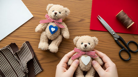 Hands crafting teddy bears with hearts on a wooden table with crafting tools.の素材