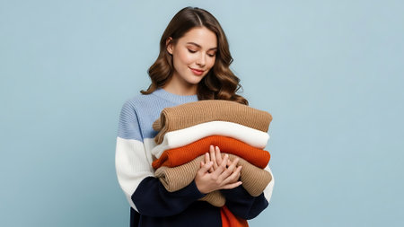 Young woman embracing a pile of knitted sweaters in various colors.の素材