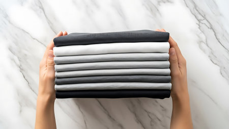 A stack of neatly folded clothes in black and white colors.の素材