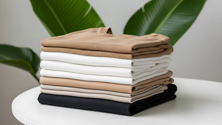 A stack of folded fabrics in various neutral colors on a table.の素材