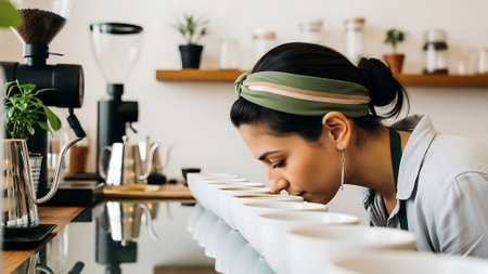Woman smelling coffee in a modern cafe setting.の素材