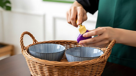 Person preparing a basket with paper cups.の素材