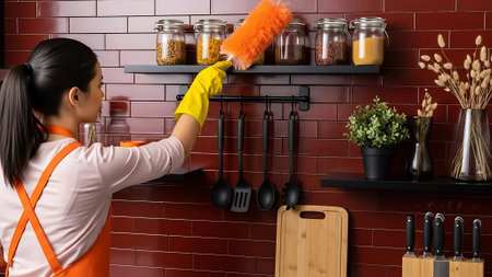Woman cleaning kitchen shelf with duster.の素材
