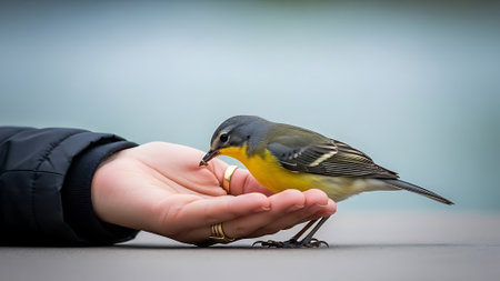 A bird eats from a person's outstretched hand.の素材