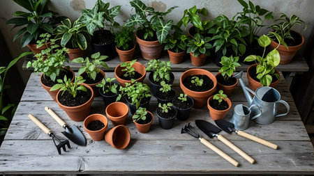 A cluttered wooden table with various potted plants and gardening tools.の素材