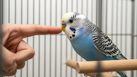 A person interacts with a blue parakeet in a cage.の素材