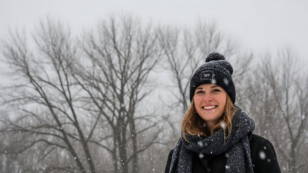 A woman smiles while standing outside on a snowy day.の素材