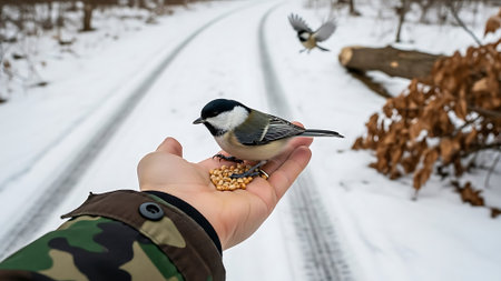 A person feeds a bird on a snowy road.の素材
