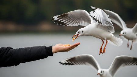 A person is feeding seagulls by a lake with several birds flying around.の素材