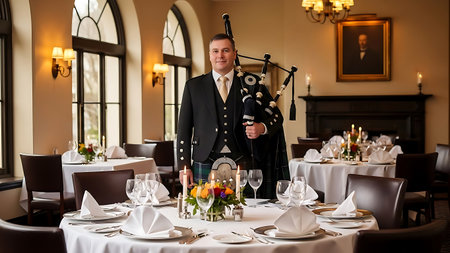 A man in traditional Scottish attire plays the bagpipes at a formal table.の素材