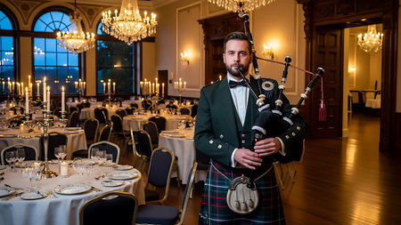 A man in a kilt plays the bagpipes in a luxurious ballroom.の素材