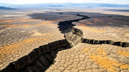 Desert landscape with a massive canyon and cracked earth formations.の素材