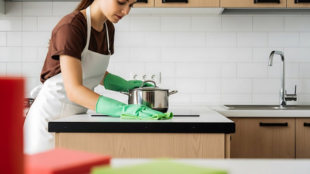 A woman in a brown shirt and white apron cleans a kitchen counter and pot.の素材