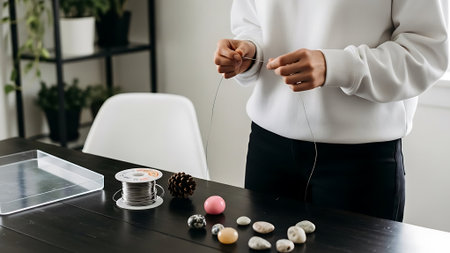Woman making jewelry with various stones and a metal chain on a dark table.の素材