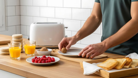 A man prepares a breakfast plate with toast and raspberries on a kitchen counter.の素材