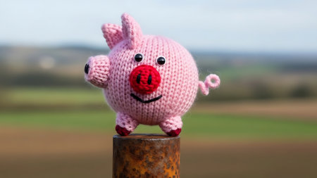 A pink knitted pig toy with a red nose on a rusty post in a field.の素材