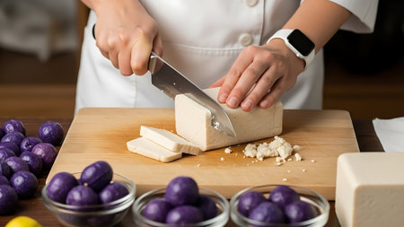 Chef preparing cheese on a wooden board with purple fruits nearby.の素材