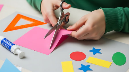 A person cutting paper with scissors on a table with colorful shapes.の素材