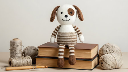 A stuffed dog toy made of yarn sits on books with yarn and a crochet hook nearby.の素材
