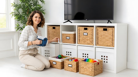 Woman arranging toys in baskets next to a TV on a white stand.の素材