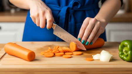 Woman cutting carrots on a wooden board.の素材