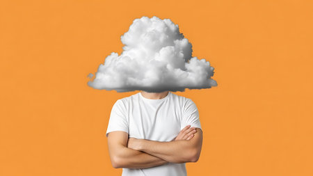 A man with a cloud for a head stands with his arms crossed on an orange background.の素材