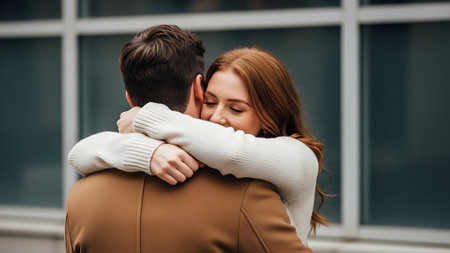 A romantic moment between two people embracing outside.の素材