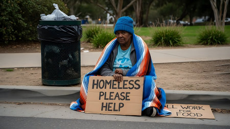 Man experiencing homelessness sitting on a sidewalk with a sign requesting assistance.の素材