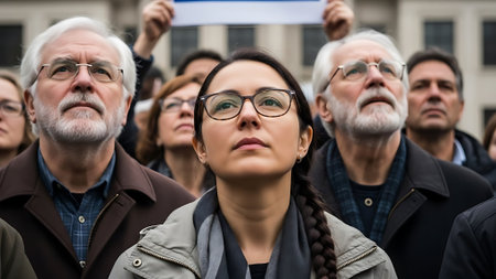 A woman and a crowd of people looking up at something.の素材