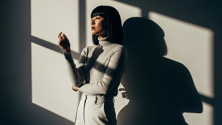 A stylish young woman stands thoughtfully against a sunlit wall, where strong natural light casts graphic window shadows, highlighting her silhouette and form.の素材