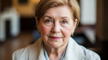 Portrait of a mature woman with a neutral expression, wearing a white jacket over a blue top, indoors.の素材