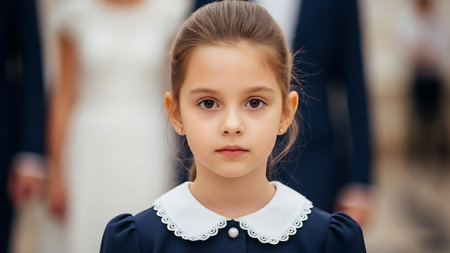 A young girl with a serious face in a formal dress.の素材