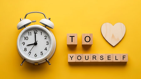 White alarm clock, wooden heart, 'TO YOURSELF' blocks on yellow. Conceptual flat lay emphasizing prioritizing self-care and personal well-being for a balanced life.の素材