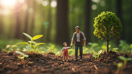 Miniature figures of a man and child exploring a forest with young plants and trees.の素材