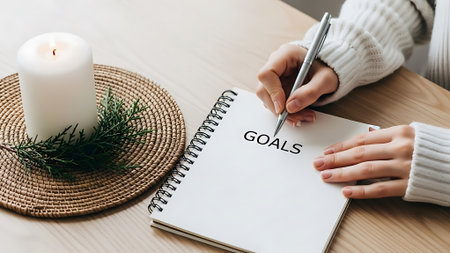 A person writes in a goals notebook on a wooden table with a lit candle nearby.の素材